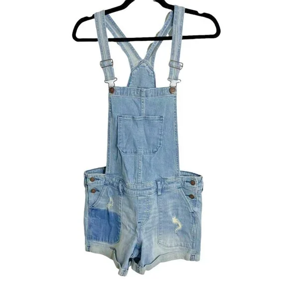 Hollister Patchwork Distressed Denim Shortalls Cuffed Overall Shorts Women's M - Picture 1 of 12